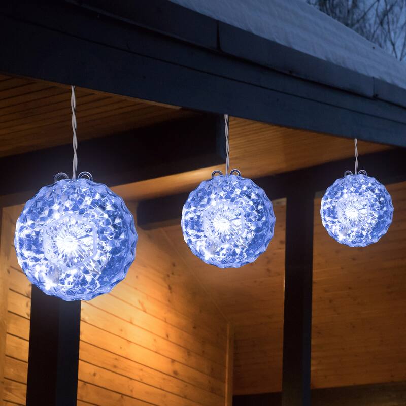 LED Crystal Sphere Hanging Christmas Decoration - 5" - White Lights - 2' White Wire