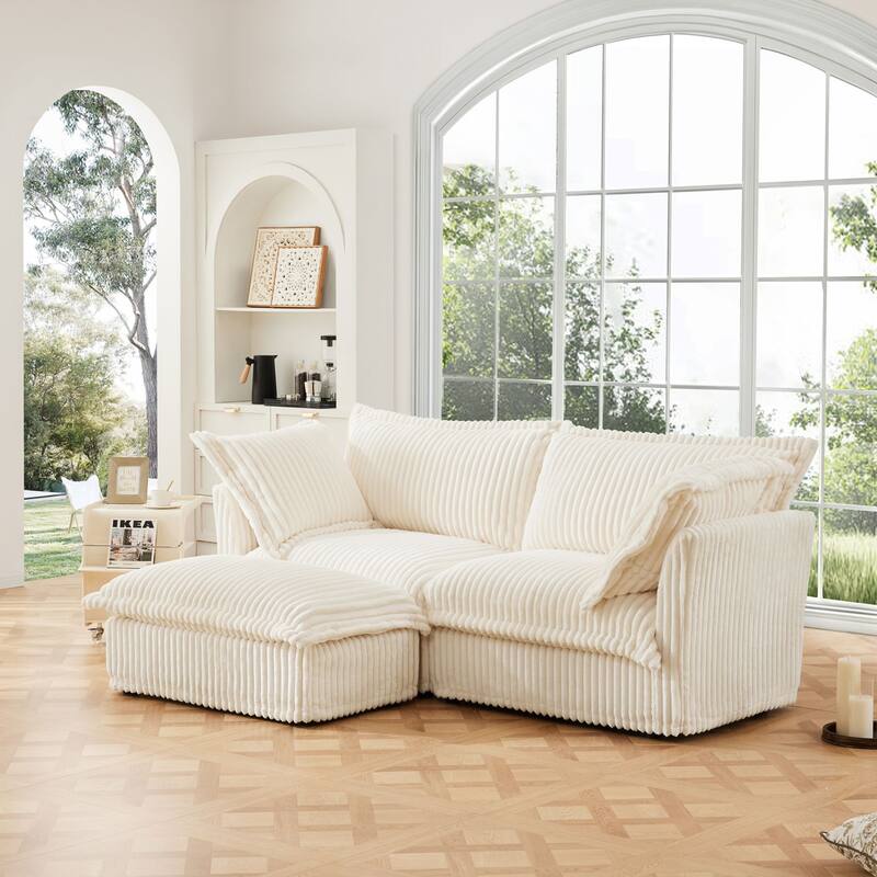 Modern 2 Seater Upholstered Sofa with 1 Ottoman and 2 Pillows