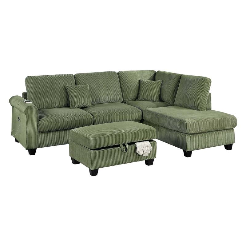 Roe 3pc Sectional Sofa Set w Chaise, Ottoman, 2 Pillows, Sage Green