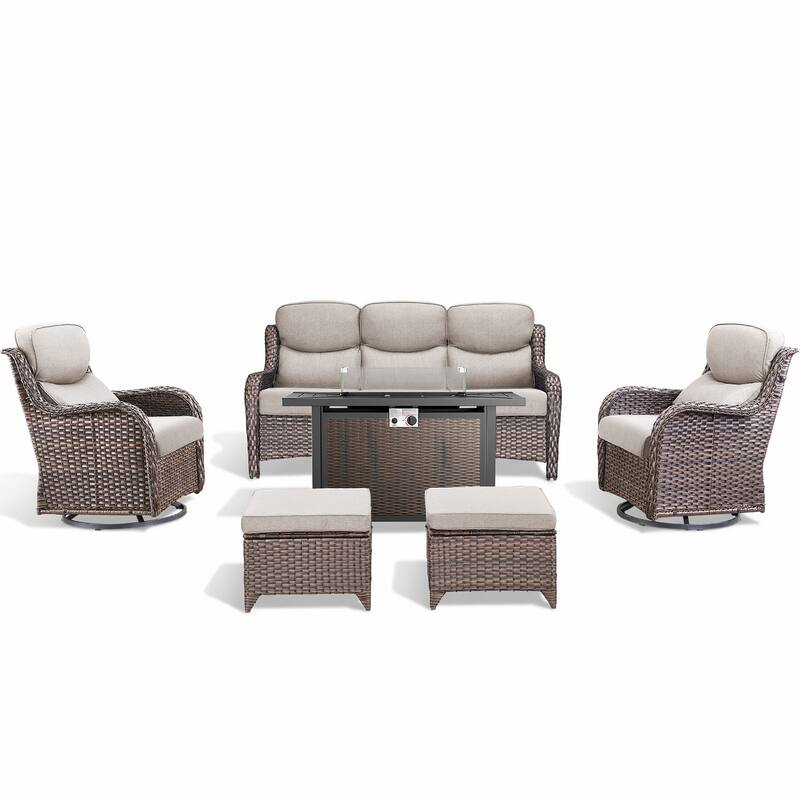 Pocassy 6/7 Piece Patio Sofa Swivel Chair Set with 43" Fire Pit Table