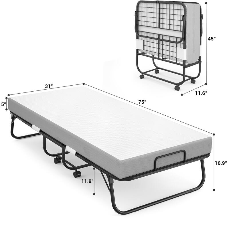 Folding Bed with 5 Inch Memory Foam Mattress, Small Single Bed Extra Guest Bed with Wheel