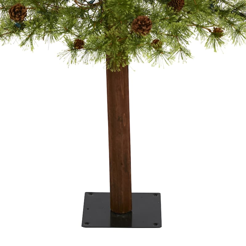 6ft. Alpine Artificial Christmas Tree with 150 Clear Multifunction LED Lights & Pine Cones on Trunk - Rustic Holiday X-Mas Tree
