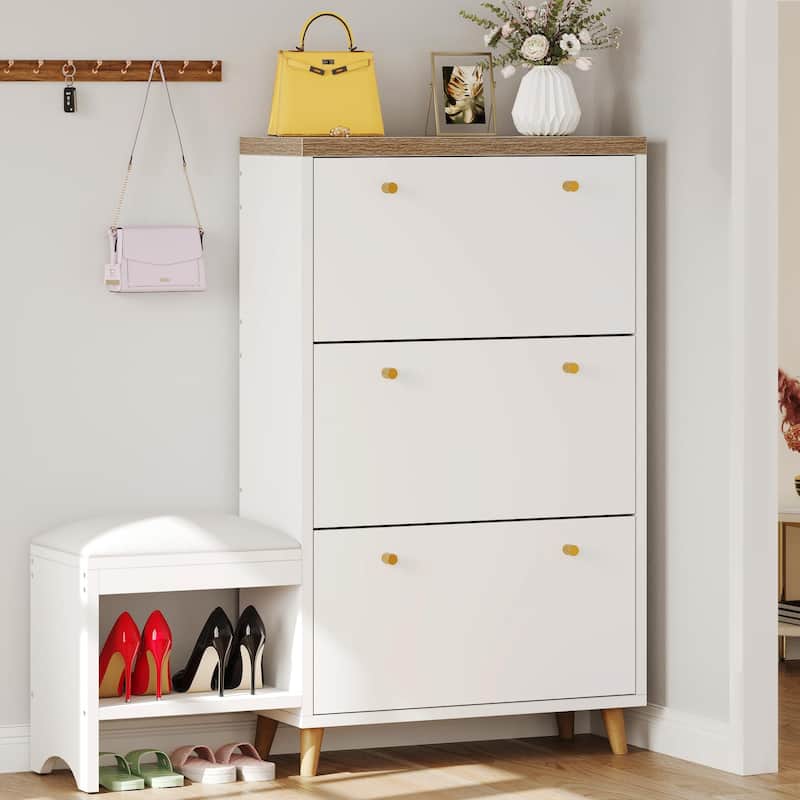 Moasis 36 Pair Shoe Storage Cabinet with 3 Flip Drawers and Shoe Bench - White
