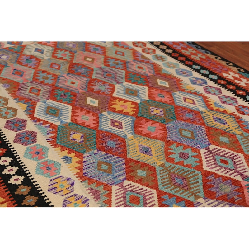 Kilim Oriental Area Rug Hand-Woven Orange Reversible Wool Carpet - 8'0"x 11'2"
