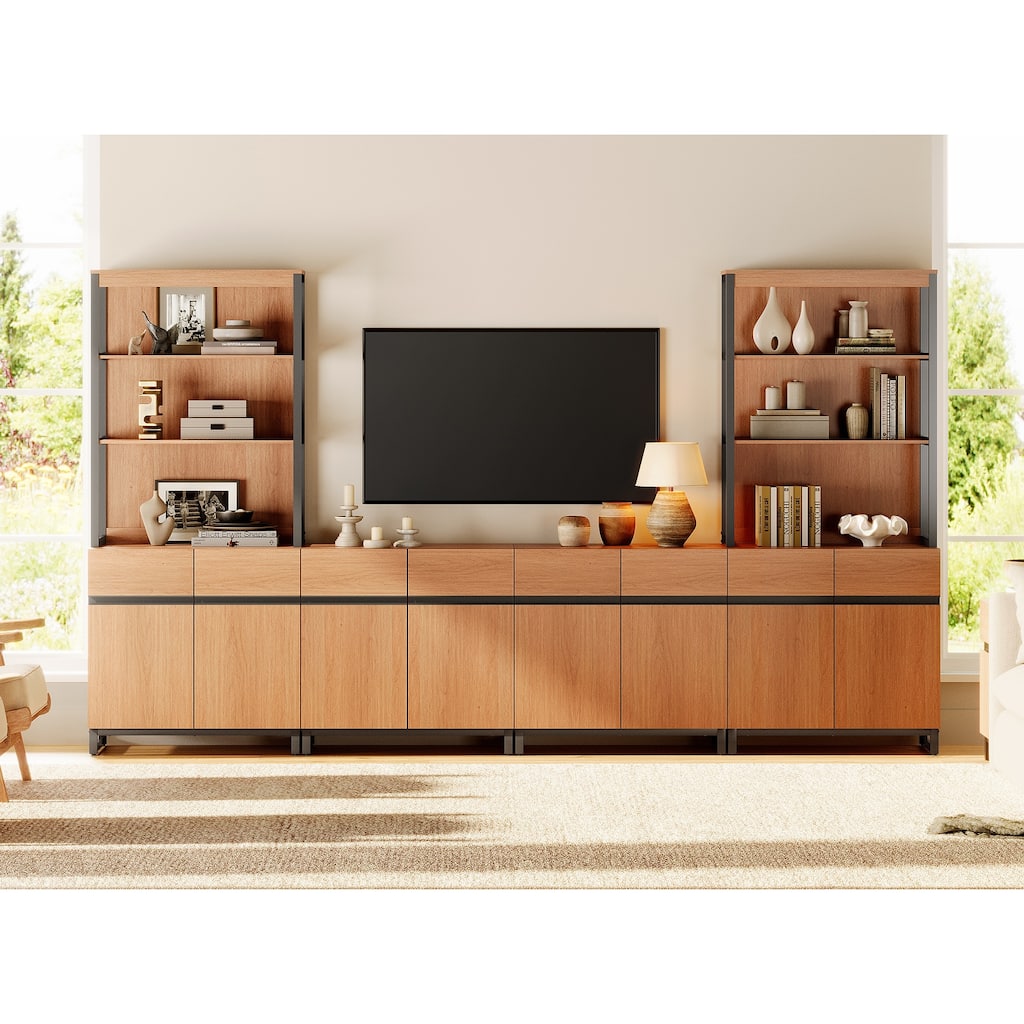WAMPAT Modern TV Stand with 3 Tiers Bookshelf, Farmhouse Entertainment Center with 4 Large Storage Cabinets and Adjustable Shelf