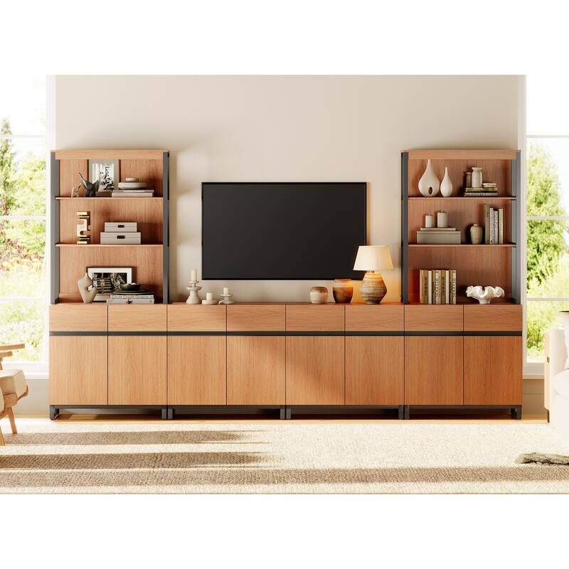 WAMPAT Modern TV Stand with 3 Tiers Bookshelf, Farmhouse Entertainment Center with 4 Large Storage Cabinets and Adjustable Shelf