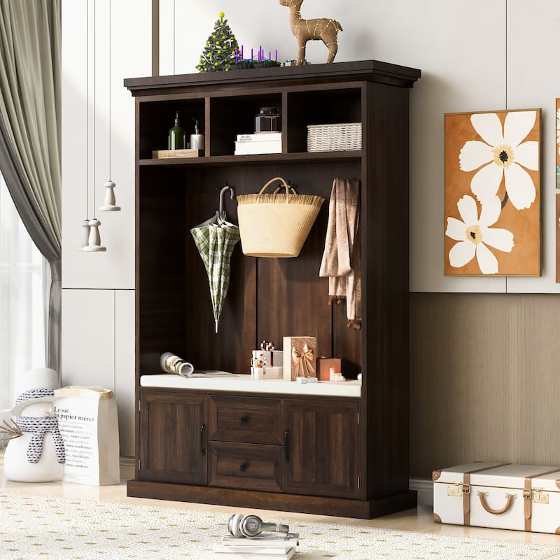 Multi-Functional Hall Tree with Coat Rack, Storage Bench, Shelves, and Drawers for Entryway Storage