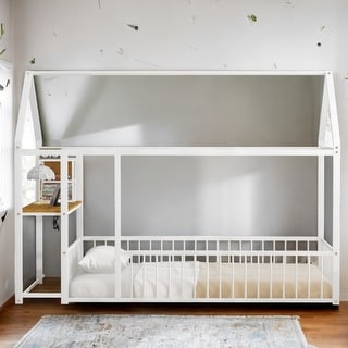 White Twin Size Metal Bed Frame with Desk, House Bed with Shelves and USB Ports