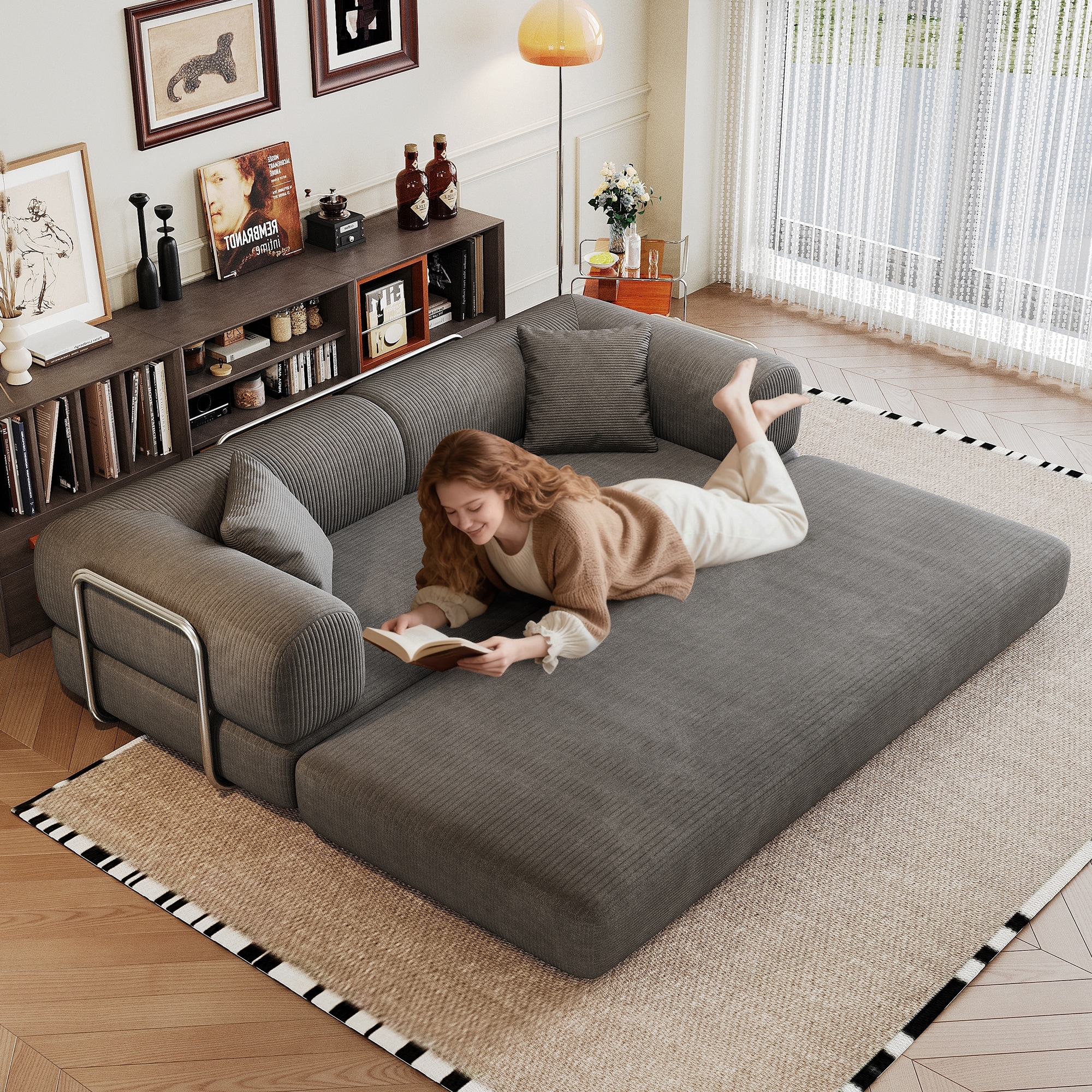 Convertible Floor Sofa Bed-with Pillow Back Support Armrest for Living Room