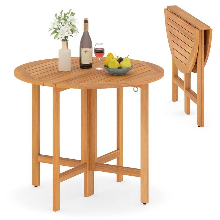 Teak Acacia Wood Round Folding Dining Table 36 inches Slatted Outdoor - 36" x 29.5"