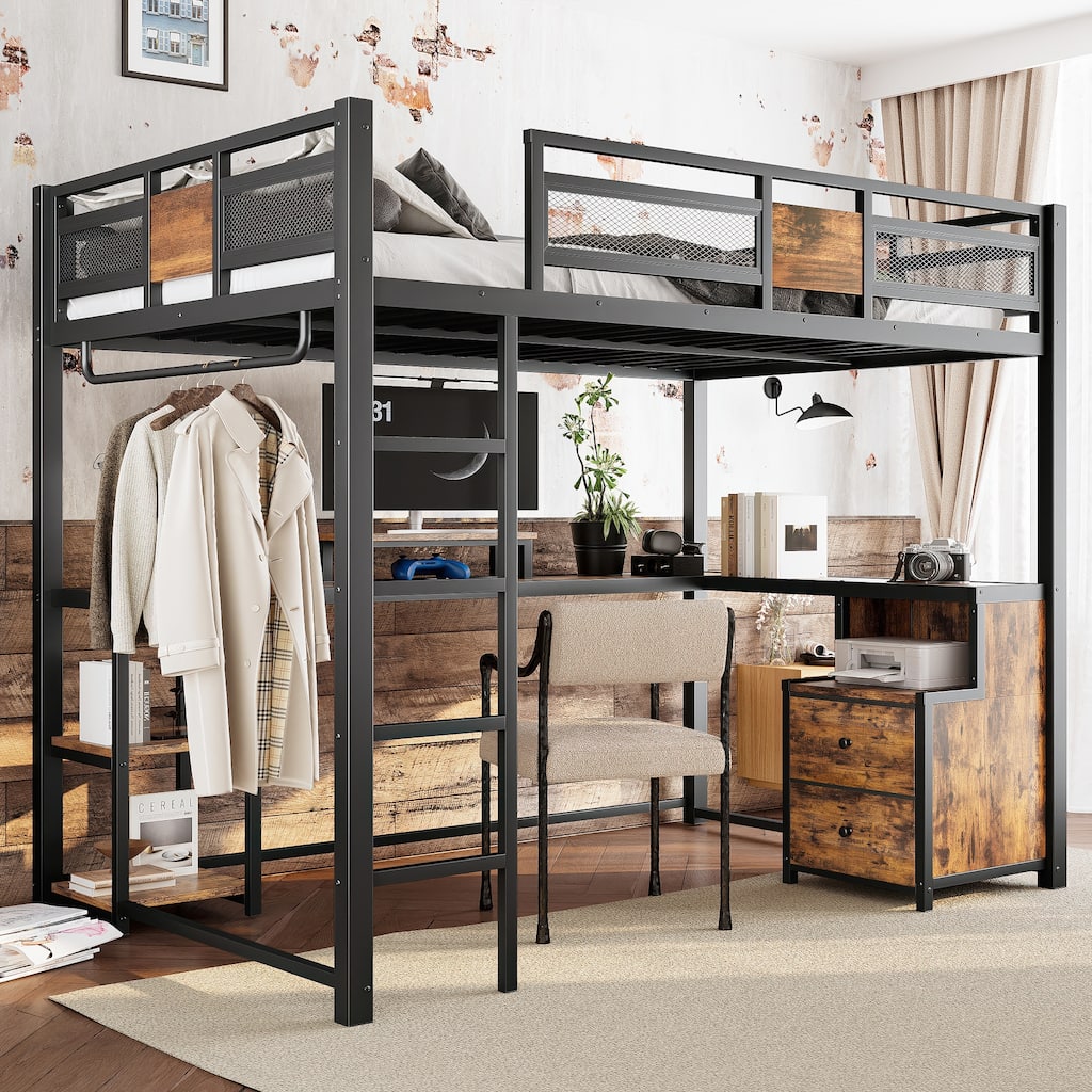Full Loft Bed with Desk and Storage Non-woven Fabric Drawers, Metal Loft Bed Frame with Ladders
