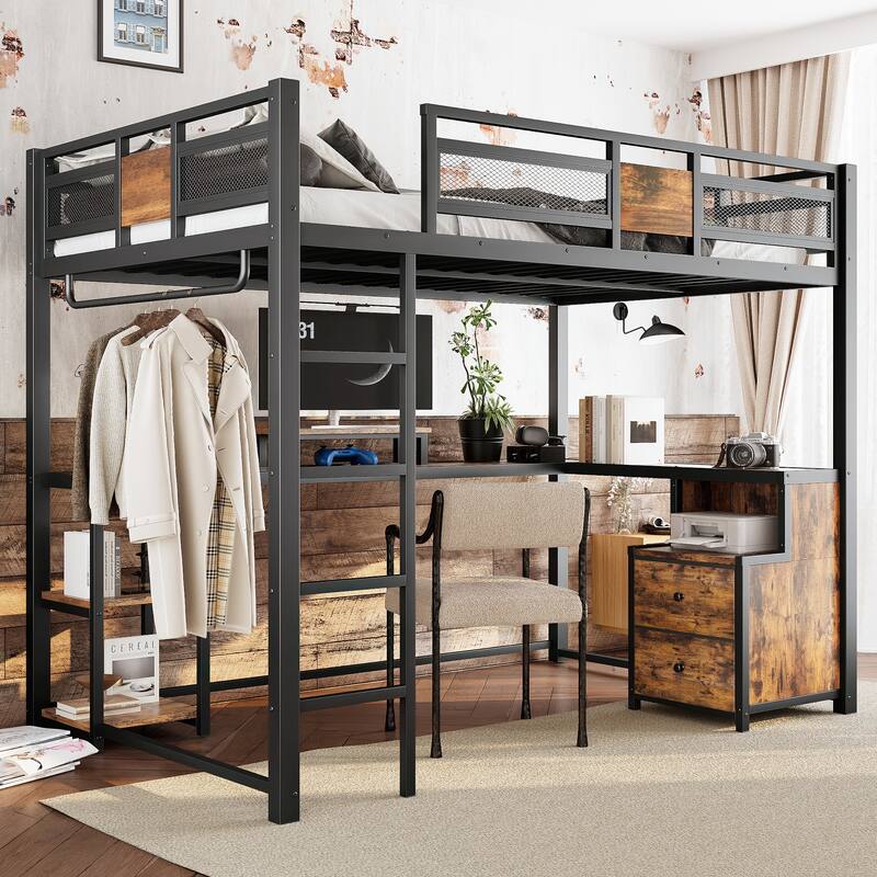 Queen Loft Bed with Desk and Storage, Metal Frame, No Box Spring Needed - Black - Full
