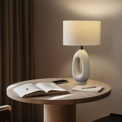 Brightech Artemis 22" Beige/Cream Standard Traditional LED Super Bright Table Lamp with Linen Drum Shade & Built-In USB-C Port