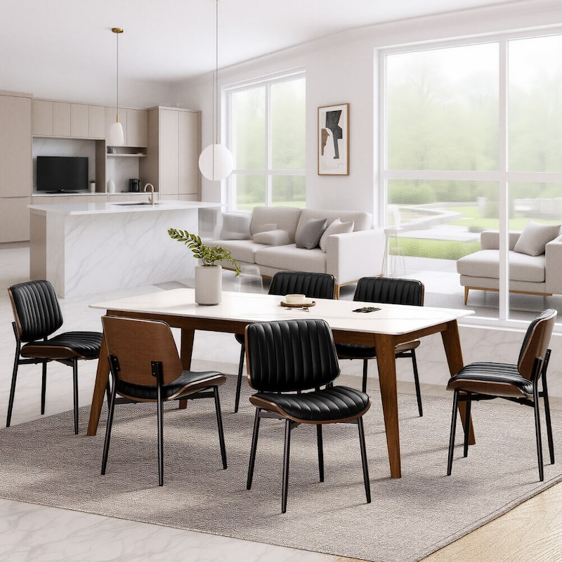 Tapered Metal Leg Dining Chairs - Mid-Century Styled Seating with Button-Tufted PU Leather & Ergonomically Curved Back - Black - Set of 6