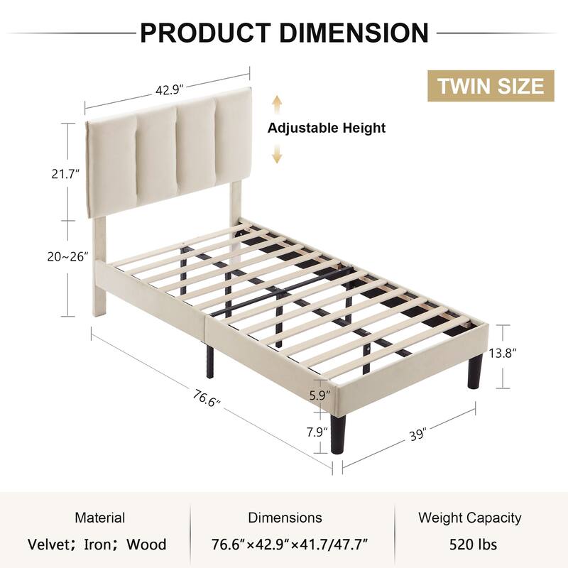 VECELO, Five Colors, 3-Pieces Tufted Upholstered Platform Bed Frame with Adjustable Height Headboard and Nightstands Set of 2