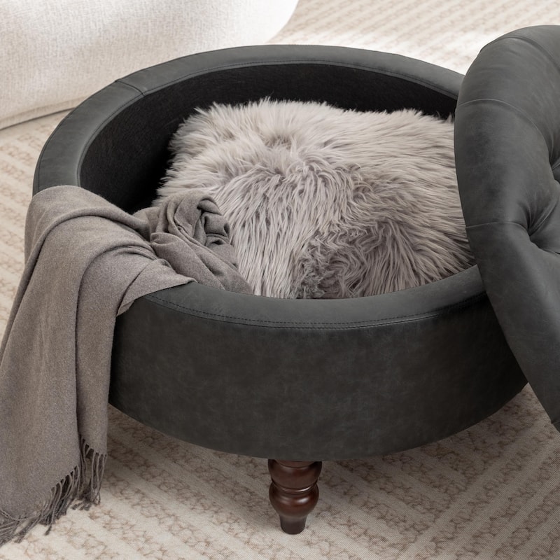 SEYNAR 29.5''Modern PU Leather Round Storage Ottoman with Wood Legs