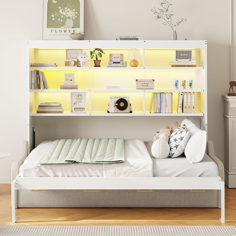 Modern Murphy Bed with Sofa and LED-Lit Bookcase, Folding Wall Bed with Storage Shelves and Platform Frame, Storage Captains Bed