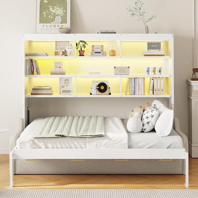 Murphy Bed Wood Cabinet Bed with Folding Sofa, Hideaway Wall Bedframe with Built-in Storage Shelves and LED Lights