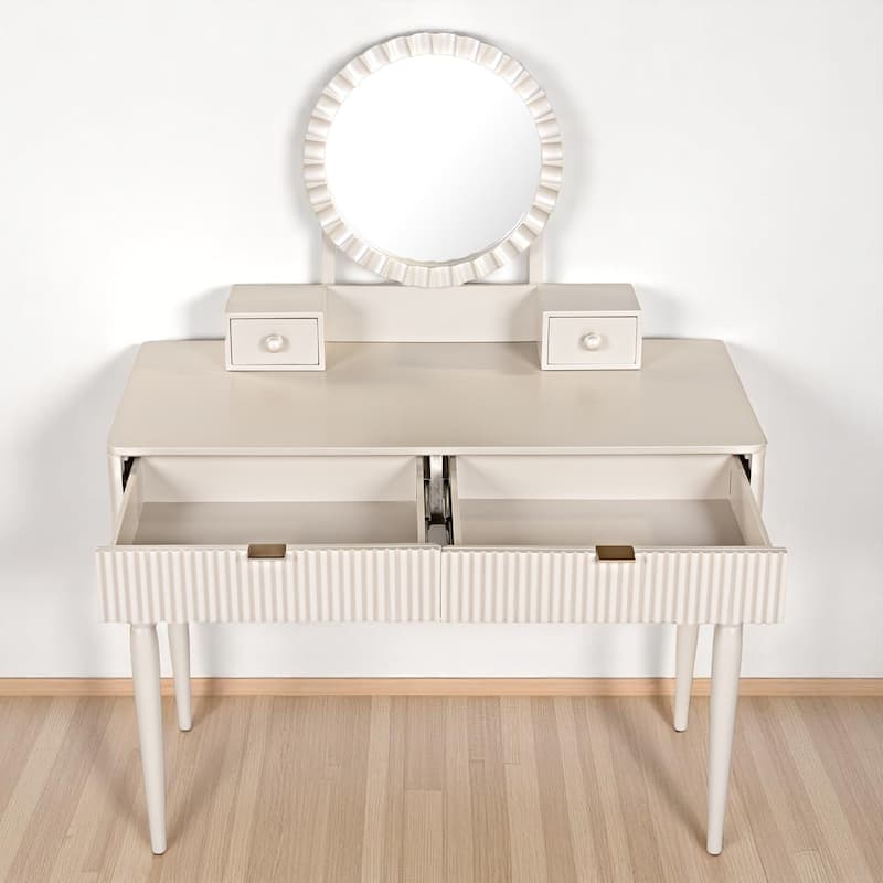 Luxury Vanity Table Set with Height-Adjustable Round Mirror, 4 Drawers & PU Stool, Elegant Makeup Desk for Bedroom
