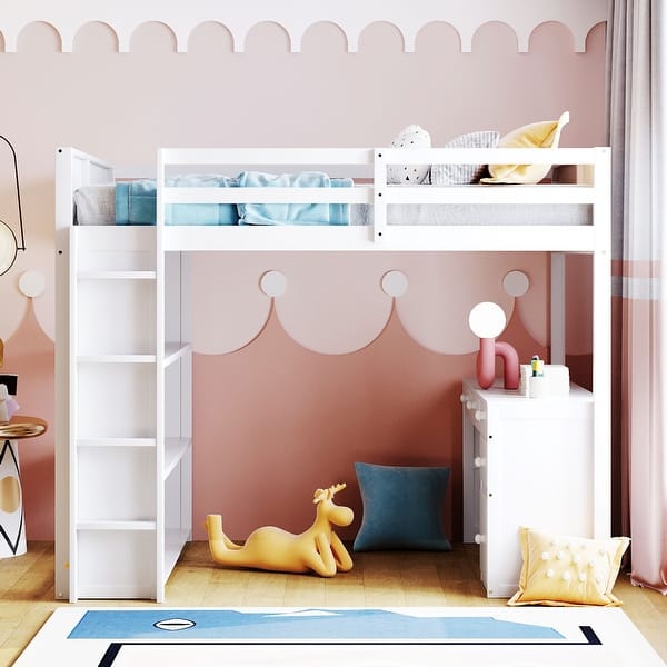 slide 2 of 11, Multifunctional Design Loft Bed with Built-in Desk, Drawers and Shelves, Efficient space, Full Size, White White