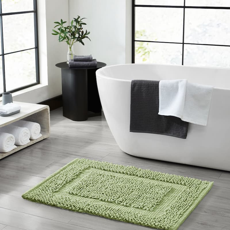 Sophie Border Ultra-plush Chenille Non-Slip Cotton Bath Mat - 17 x 24 - Sage Green