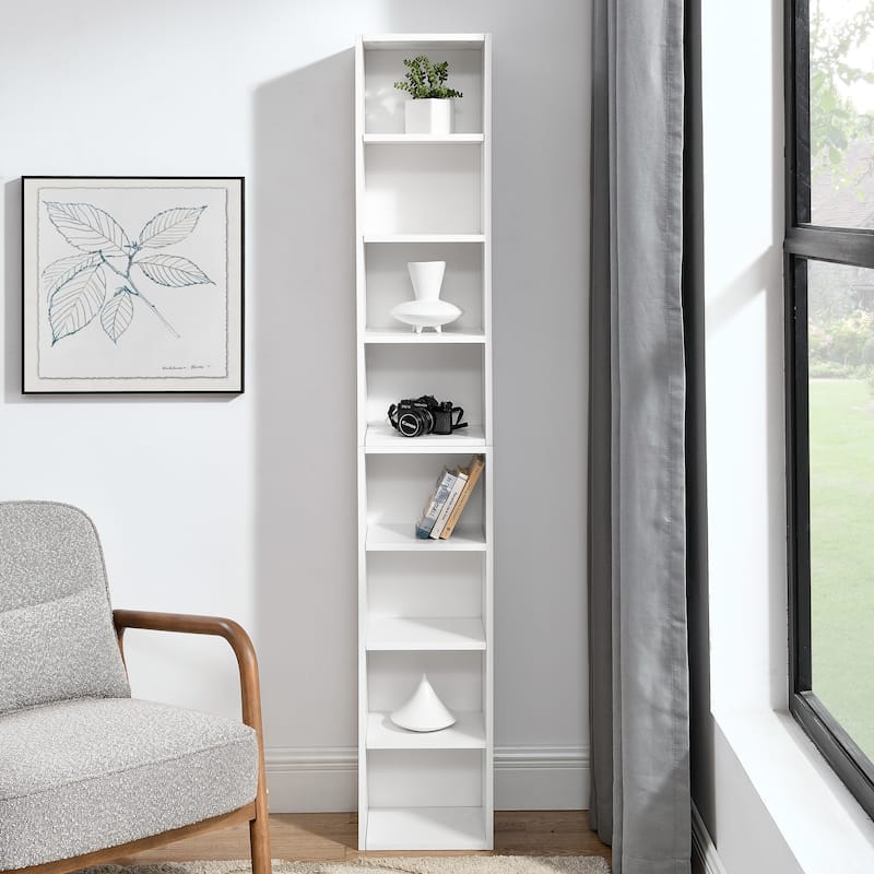 8-Tier Slim Media Storage Tower - Adjustable Shelving for CDs/DVDs/Books, Tall Narrow Cabinet for Home or Office - White