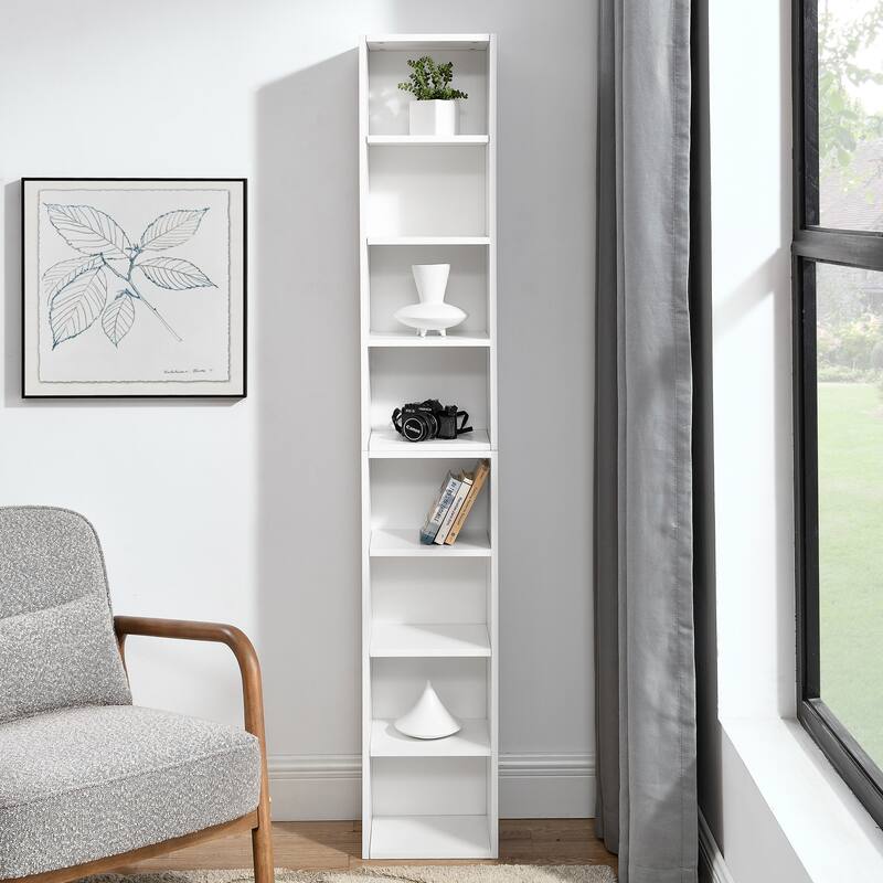 Roomfitters 8-Tier Tall Narrow Bookcase with Adjustable Shelves, Slim Storage Tower for Books, CDs, DVDs, and Décor