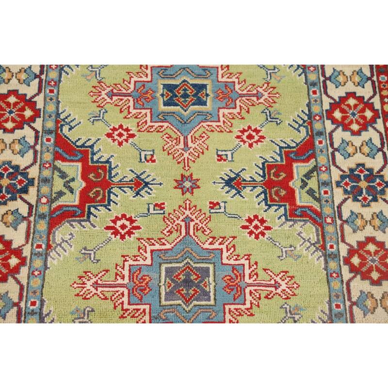 Pistachio Green Geometric Kazak Accent Rug Handmade Wool Carpet - 3'3" x 4'11"