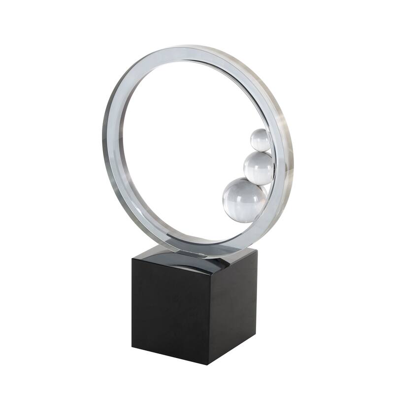 Clear Glass Ring Abstract Decorative Sculpture with Clear Orbs and Black Square Base