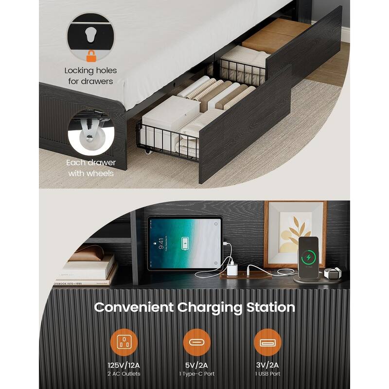 Bed Frame with 4 Storage Drawers and Hidden Storage Headboard Charging Station