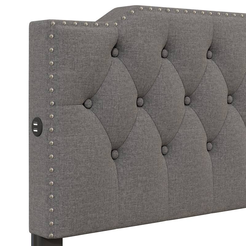 Queen Size Upholstered Platform Bed with 2 Drawers and 2 sets of USB Ports on each side, Linen Fabric