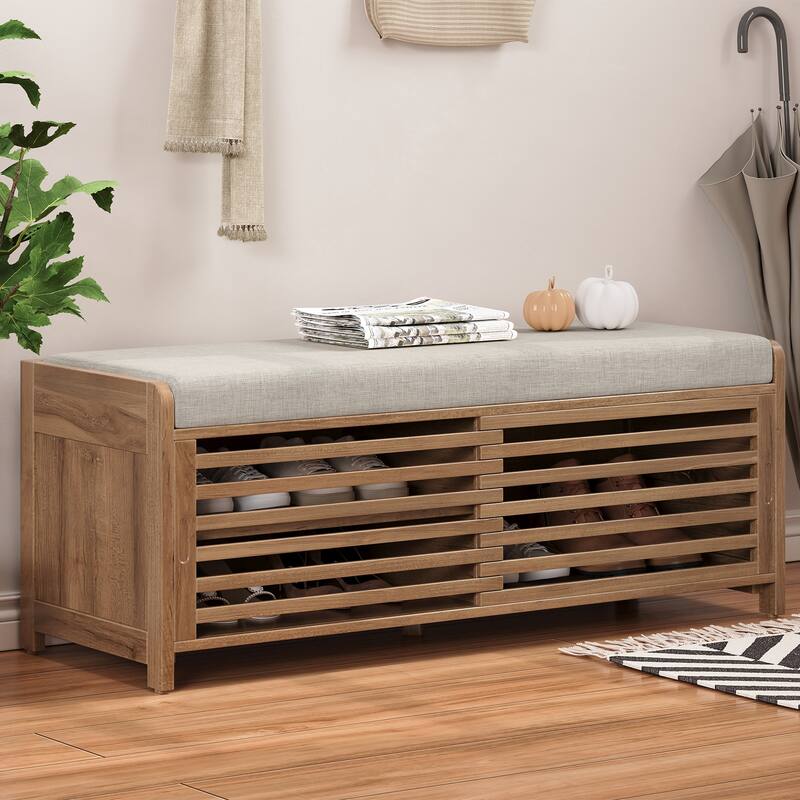 Entryway Bench Storage Shoe Bench w/ Cushion & Sliding Door, Shoe Cabinet Organizer for Living Room, 15.4" W x 43.3" D x 16.5" H