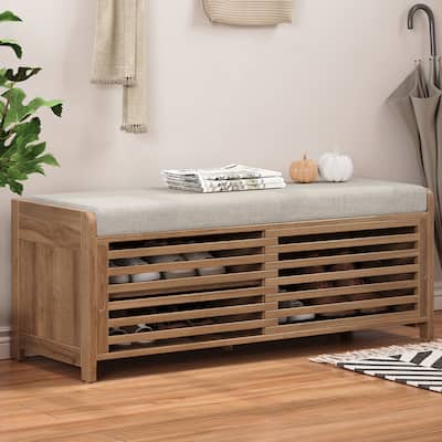 Long Entryway Bench with Shoe Storage, 43.3" Bedroom Upholstered Benches with Wooden Fram, Fabric Bench for Living Room