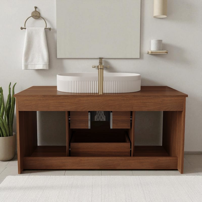 39.4" Floating Bathroom Vanity with Oval Ceramic Sink Soft-Close Drawers Open Shelves Solid Wood Cabinet