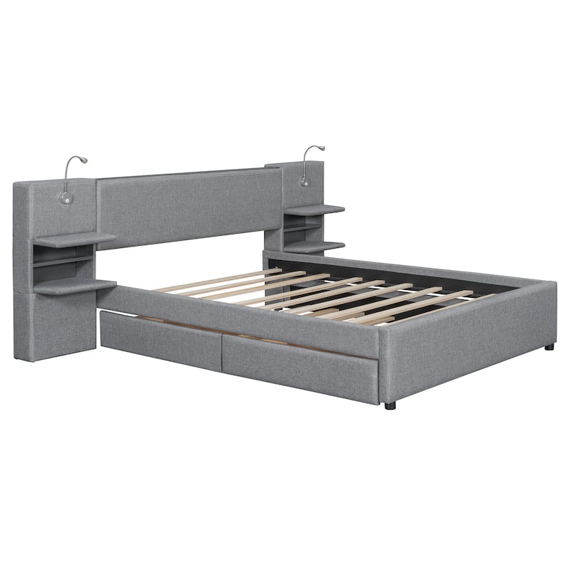 Queen Size Upholstered Platform Bed with Reading Lights, Drawers, Trundle and Shelves, Gray