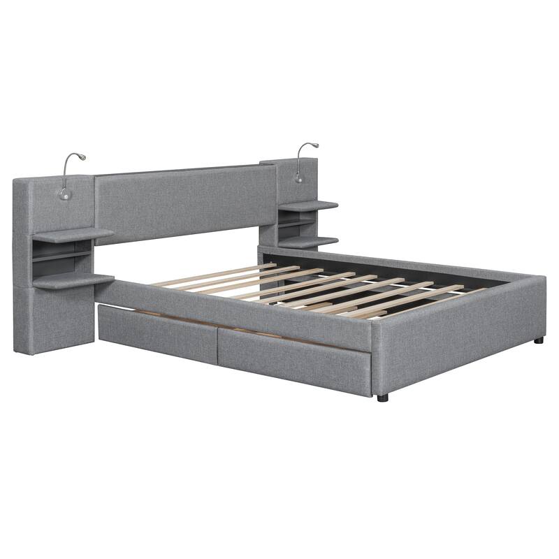 Queen Size Upholstered Platform Bed with Storage Headboard, Reading Lights, Trundle, and Side Racks
