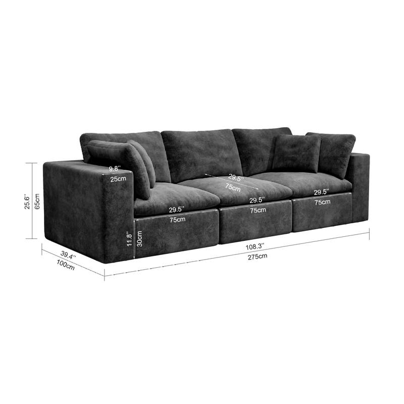Roomfitters 108.3" Modular Sectional Sofa, 3-Piece Compressed Cloud Couch, No Assembly Required, Plush Corduroy, Grey