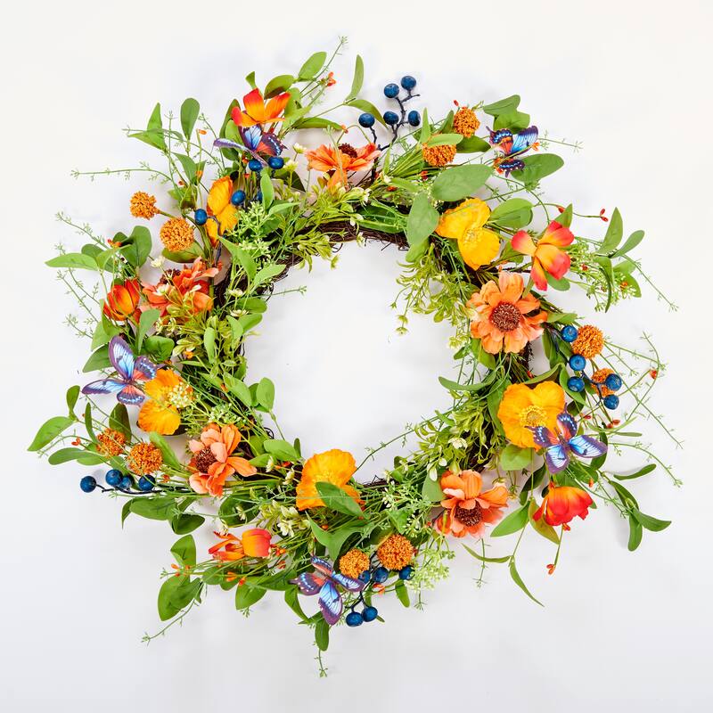 26" Artificial Spring Butterflies, Flowers and Berries Wreath on Natural Twig Base