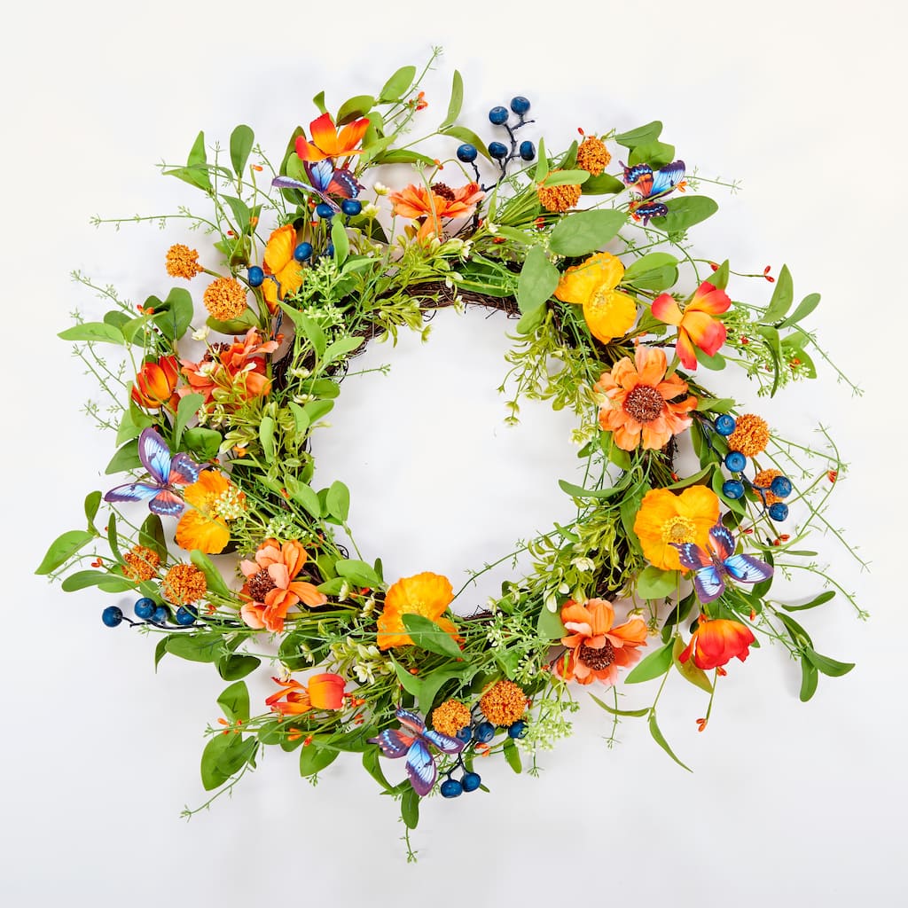 26" Artificial Spring Butterflies, Flowers and Berries Wreath on Natural Twig Base