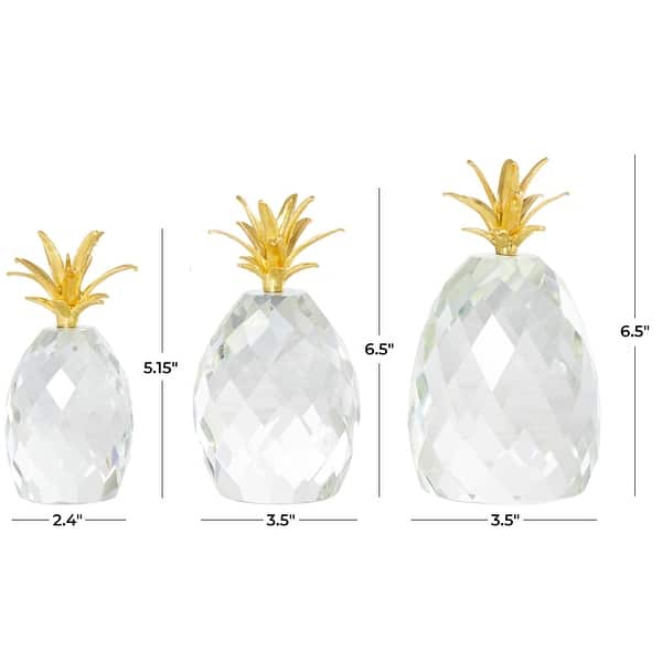 Clear Crystal Faceted Pineapple Fruit Decorative Sculpture with Gold Leaves (Set of 3)