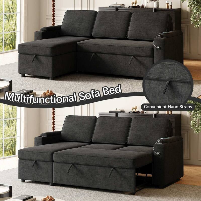 85.8" Upholstery Sleeper Sectional Sofa Pull Out Sofa Bed with Storage Space