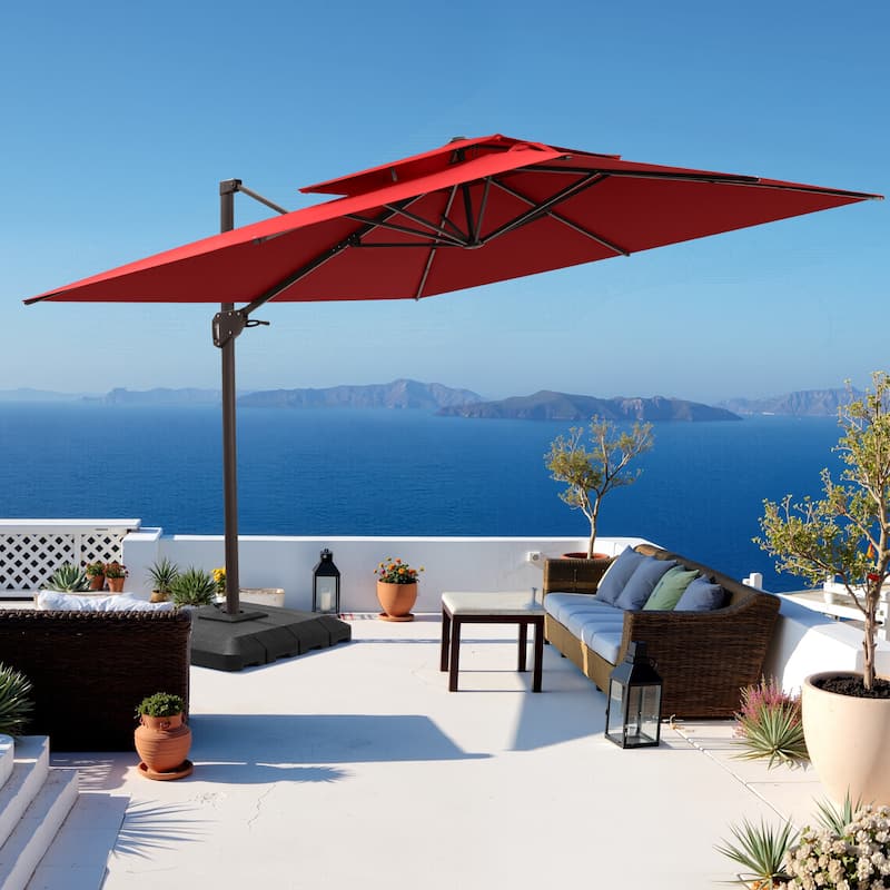 Outdoor Patio 10FT Square Cantilever Umbrella with 4-Piece Fillable Weighted Base - Red