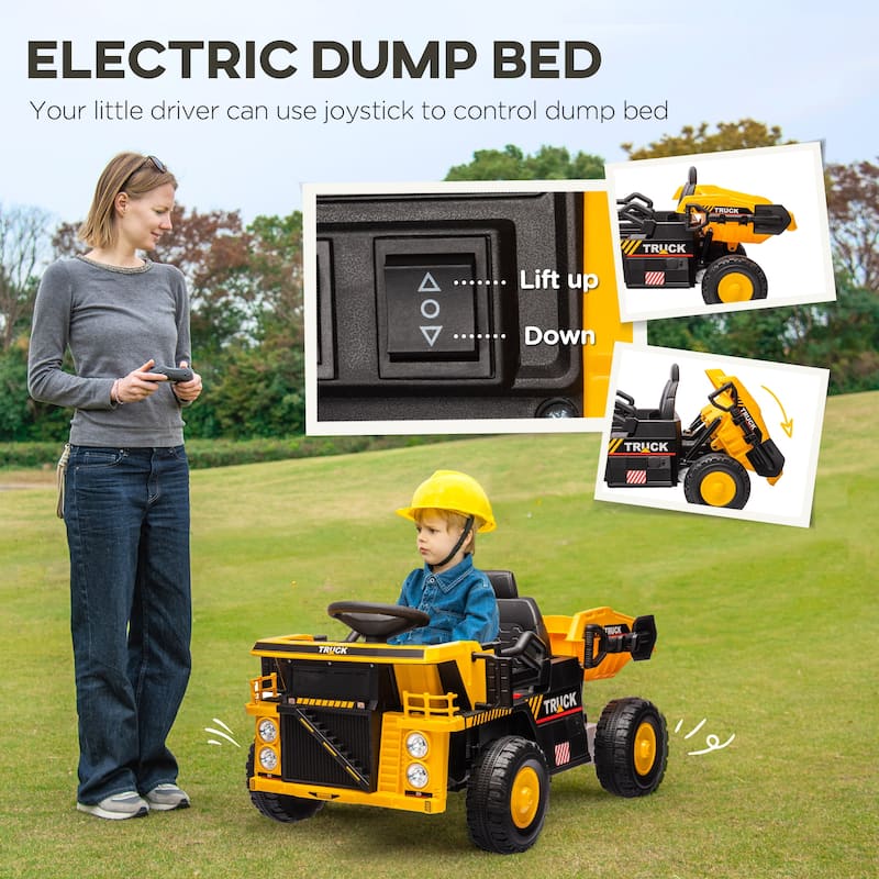 12V Kids Ride-On Dump Truck with Automatic Dump Bed, Spring Suspension, LED Headlights, Music Player, and Shovel - Yellow