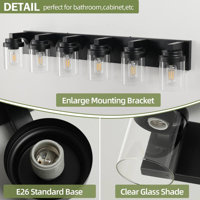 6 Light Bathroom Light Fixtures Over Mirror Bathroom Vanity Light, Black Vanity Lights with Clear Glass Shade