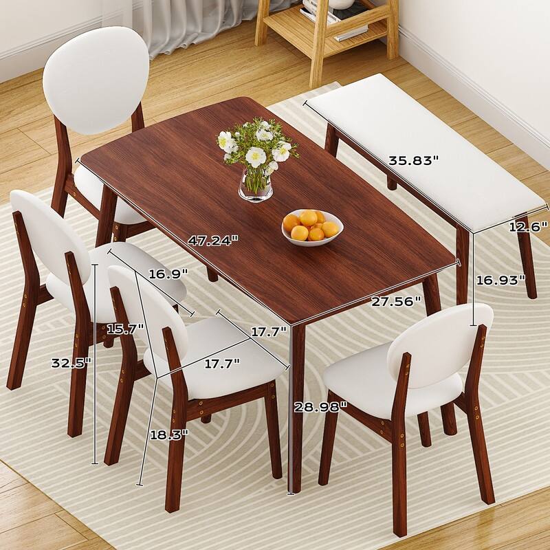 47''Dining Table Set For 6, Solid Wood Kitchen Table With Bench And 4 Chairs With upholstered Backrest