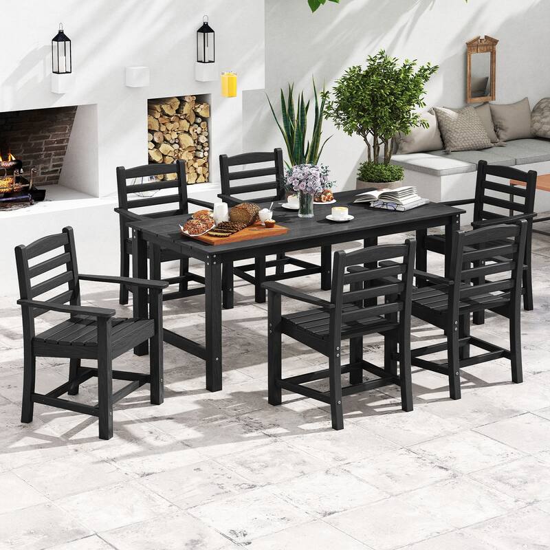 Gymax 7 PCS Outdoor Dining Table Set for 6 People Rectangle Table & 6 - Black