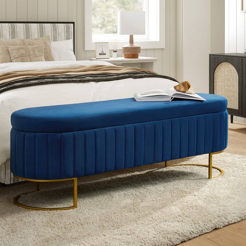 Sara Mid-Century Modern Upholstered Storage Bench Internal Grid With Metal Legs by HULALA HOME - Navy