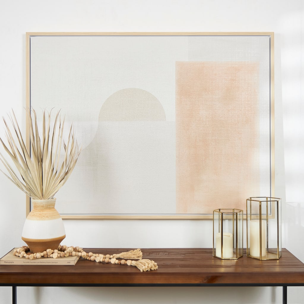 Cream Canvas Minimalist Mid Century Modern Abstract Framed Wall Art with Peach Accents