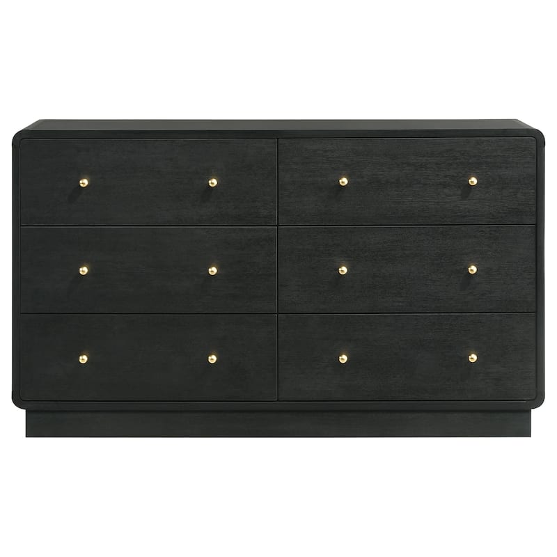 Cavy Wide Dresser, 6 Storage Drawers, Black Wood, Round Gold Knobs