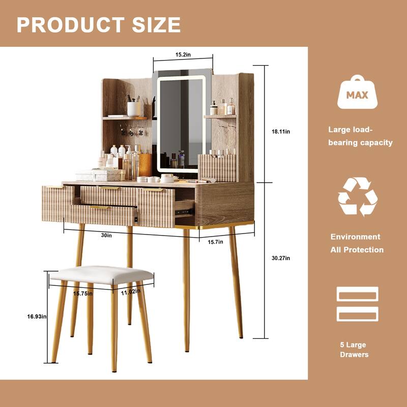Fluted Makeup Table Vanity Set with LED Mirror, Metal Legs &Jewelry Storage, Carved Dressing Table & PU Stool Set